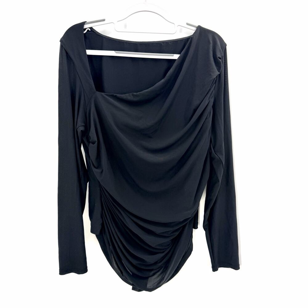 SHAPELLX Black Long Sleeve Draped Bodysuit Shaper Top Tummy Control Womens XXL